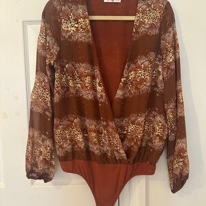 Buddy Love Brown Long Sleeve Wrap Bodysuit